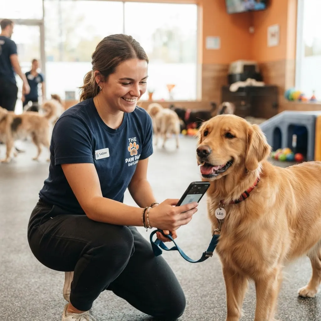 A day care handler holding a phone near a dog's collar